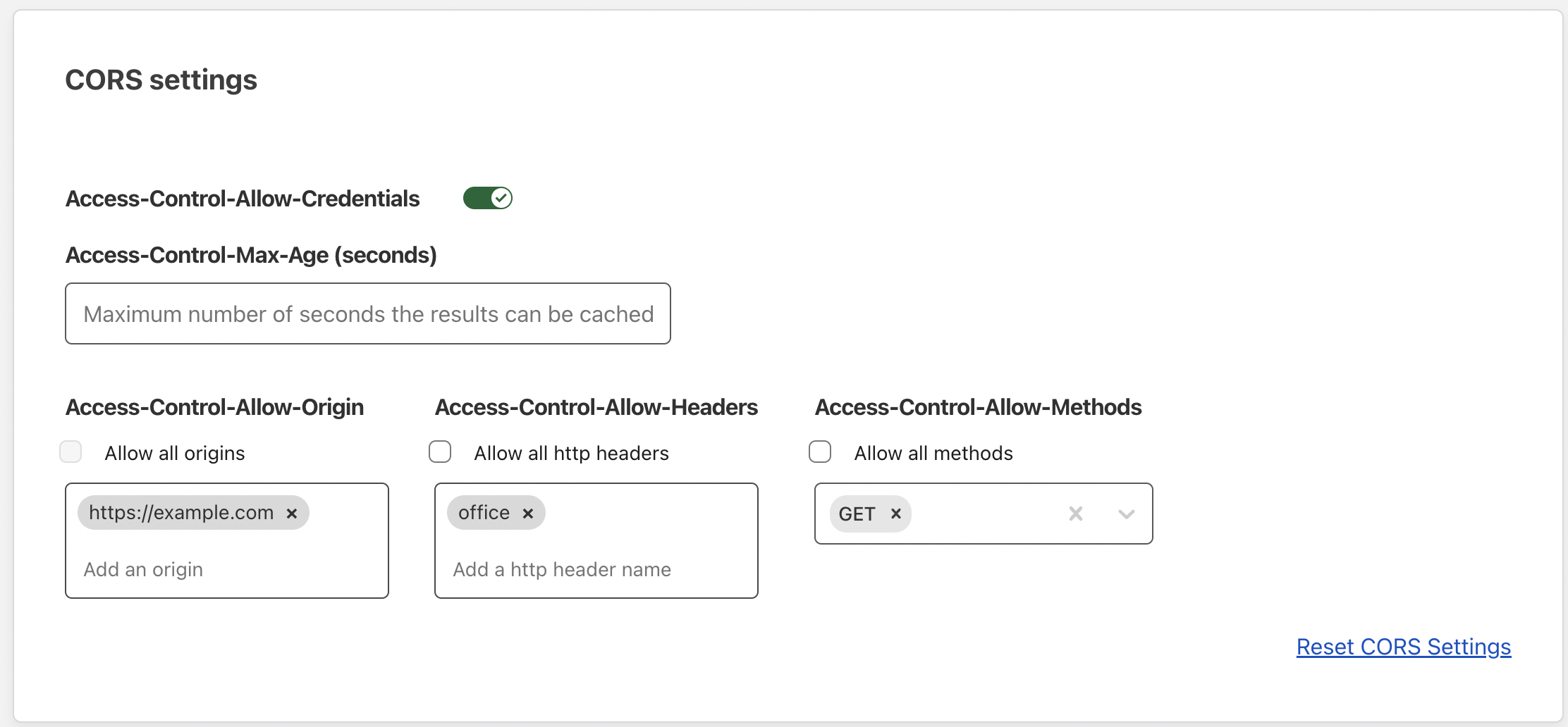 Example CORS settings configuration in Zero Trust